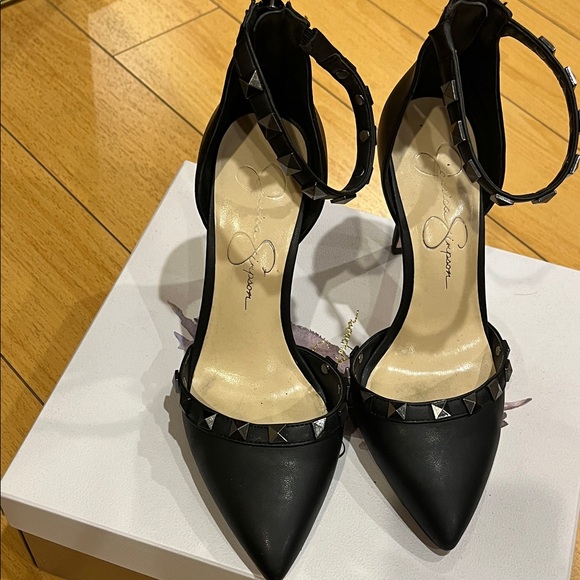Jessica Simpson Black Studded Pointed Toe Ankle Strap Heels - Picture 4 of 6